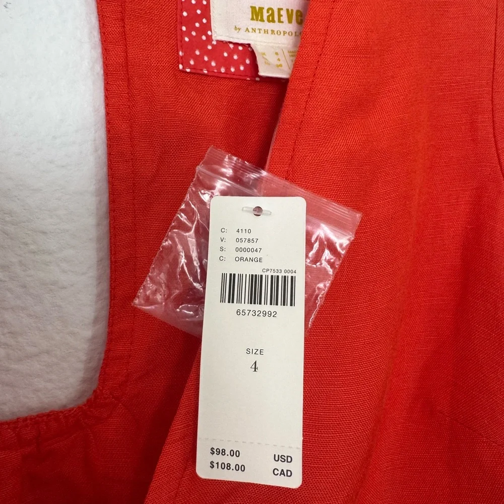 NWT MAEVE ANTHROPOLOGIE Coral Short Sleeve Linen Tie Front Crop Top Size 4 NWT - Picture 5 of 13